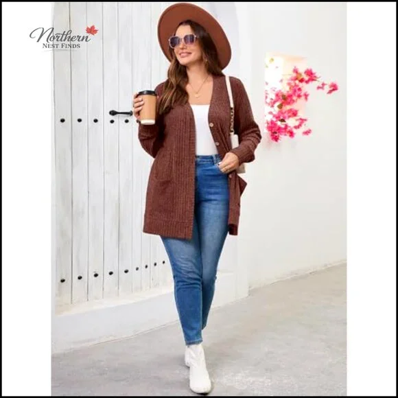 Plus Size Open Front Cardigan Sweater Lightweight Long Sleeve with Pockets - Picture 4 of 7